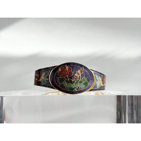 Cloisonne Enamel Floral Gold Toned Chunky Vintage Hinged Bracelet | Bangle - Picture 2 of 16
